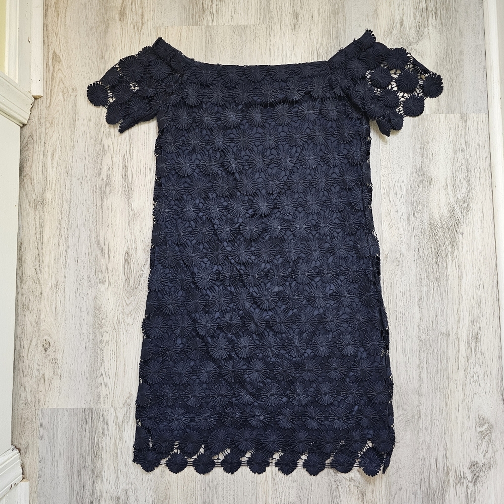 Trina Turk Lined Off Shoulder Navy Dress Small
